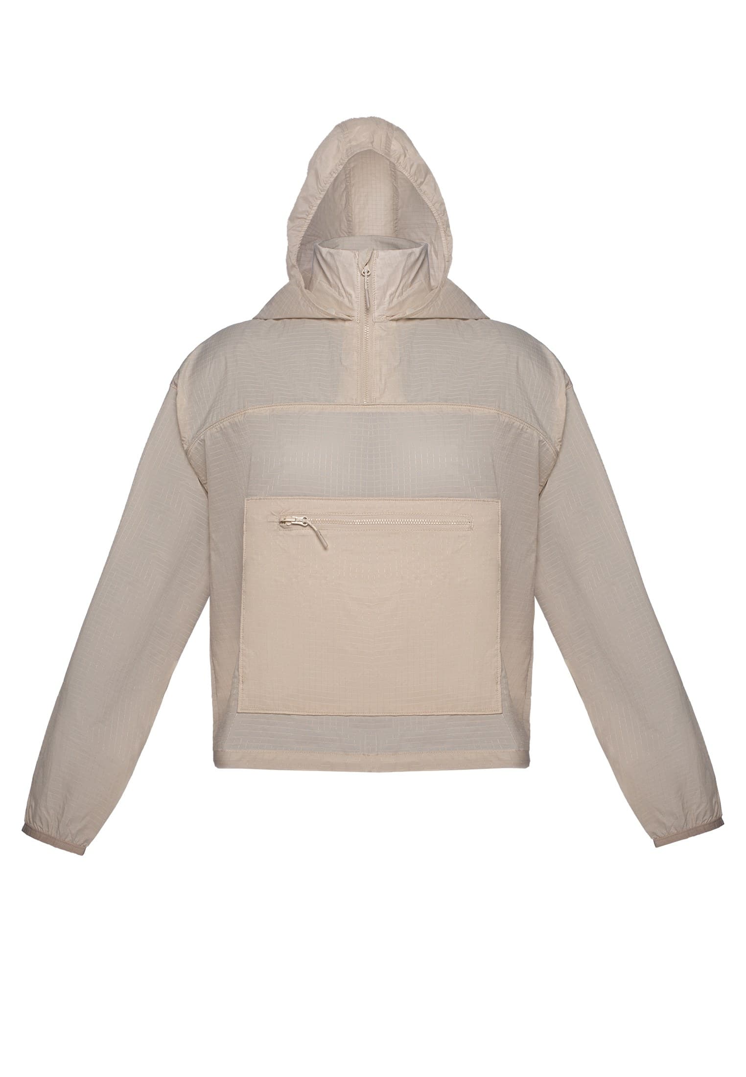 Coupe-vent beige à capuche photographié en mannequin invisible