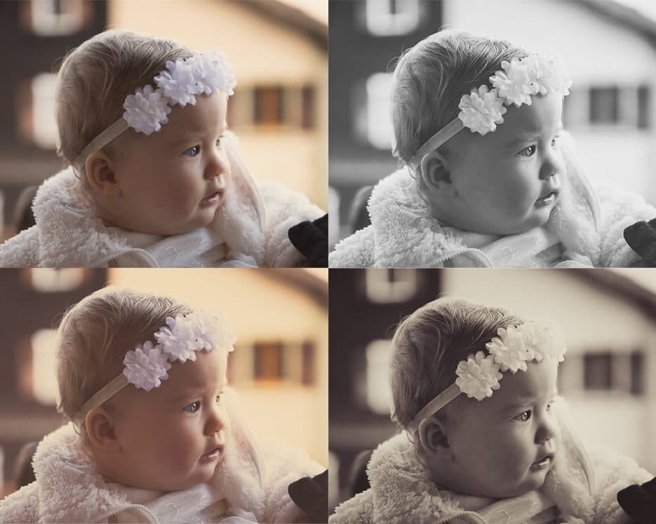 Le même portrait d’une petite fille au bandeau fleuri en quatre versions : couleur naturelle, noir et blanc, tons chauds et sépia