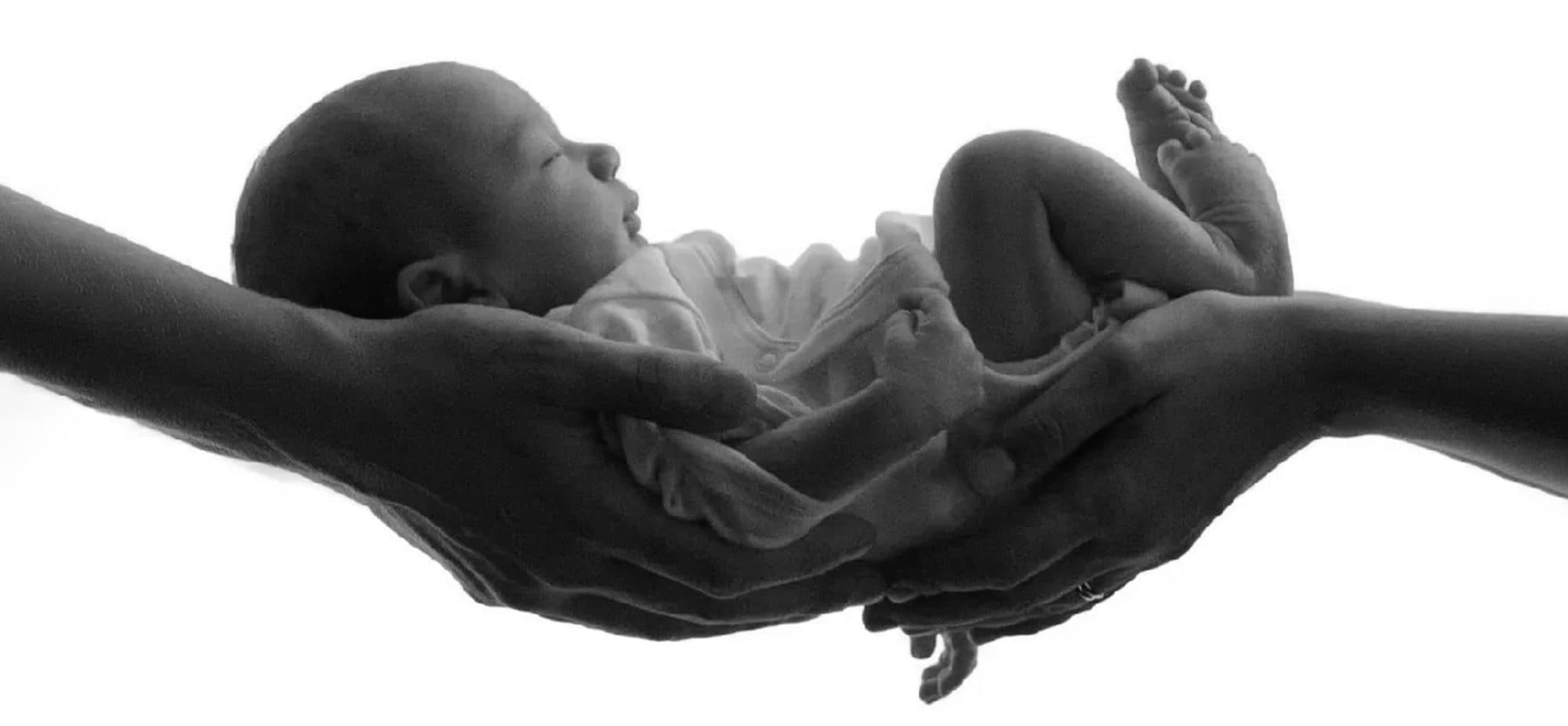 Un nouveau-né endormi au creux des mains de ses parents, en noir et blanc sur fond blanc