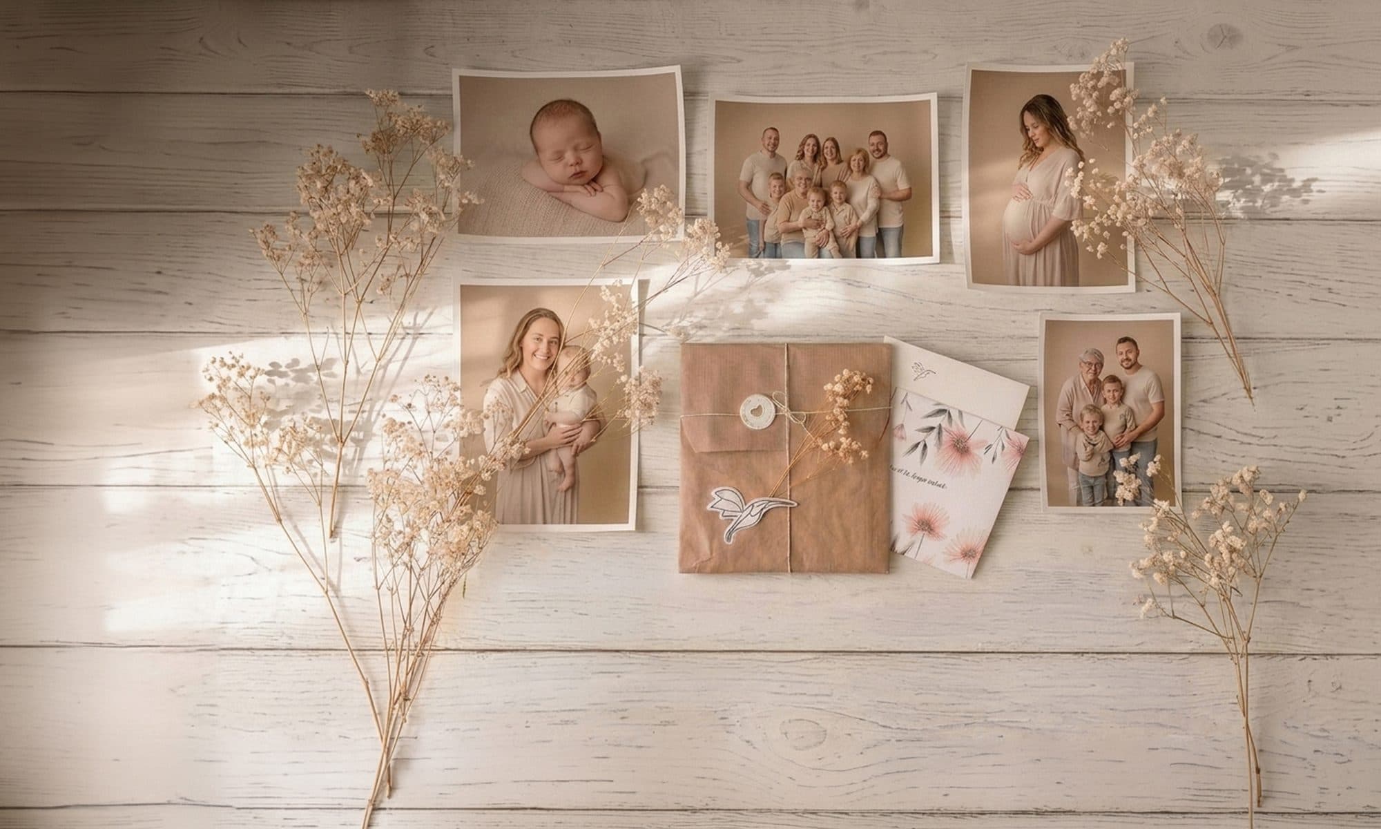 Des tirages de séances posés sur un plancher en bois blanc, un nouveau-né, une famille, une future maman, à côté d’une enveloppe kraft et de fleurs séchées