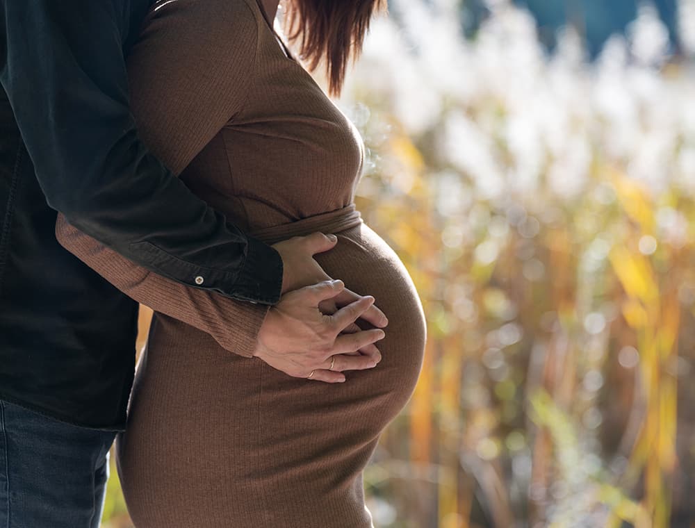 Les mains d’un couple croisées sur un ventre rond, robe brune et herbes dorées d’automne en extérieur