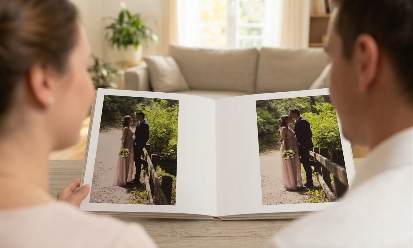 Un couple, vu de dos, feuillette son album de mariage ouvert sur une table de salon
