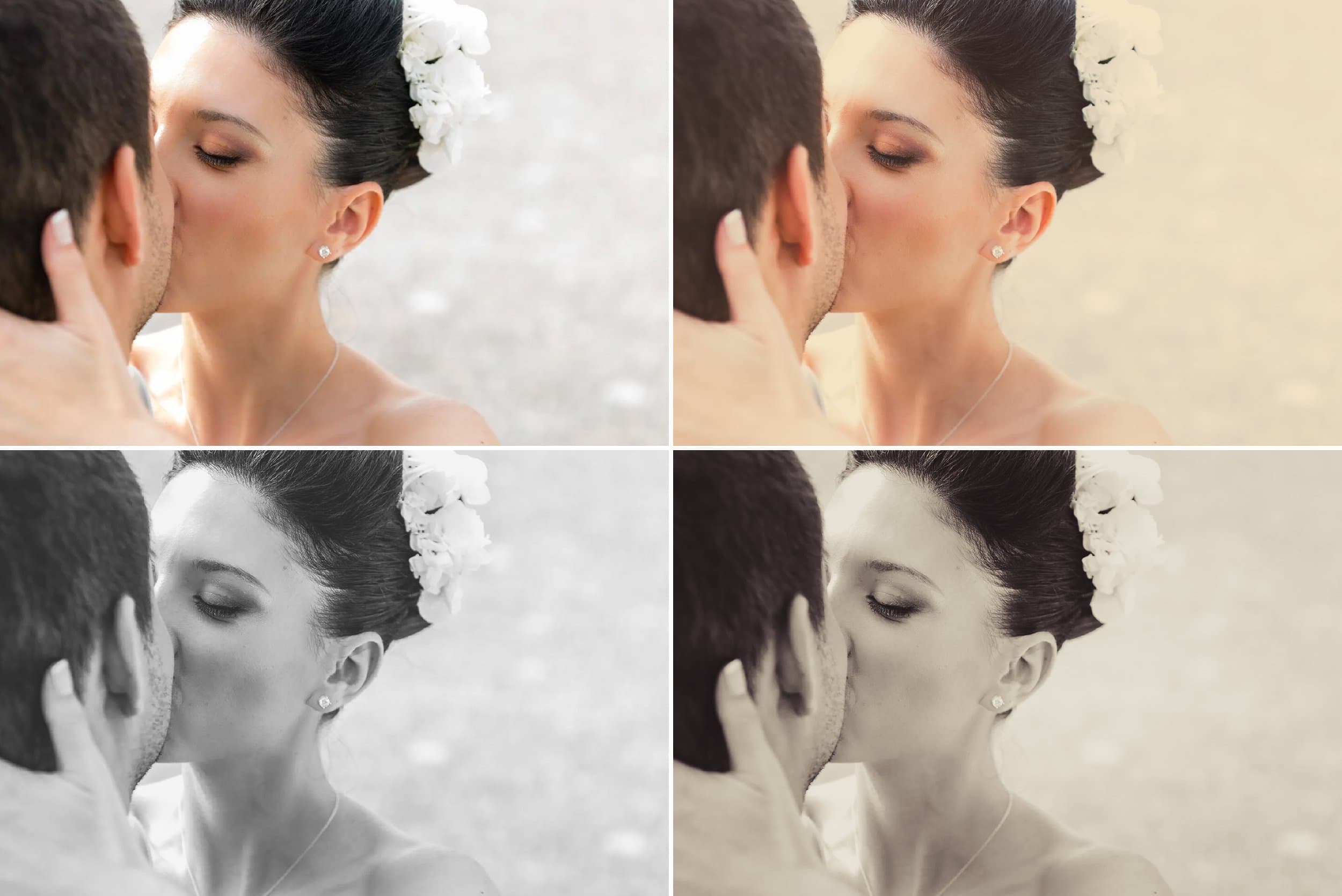 Le même baiser des mariés en quatre versions : couleur naturelle, tons chauds, noir et blanc et sépia