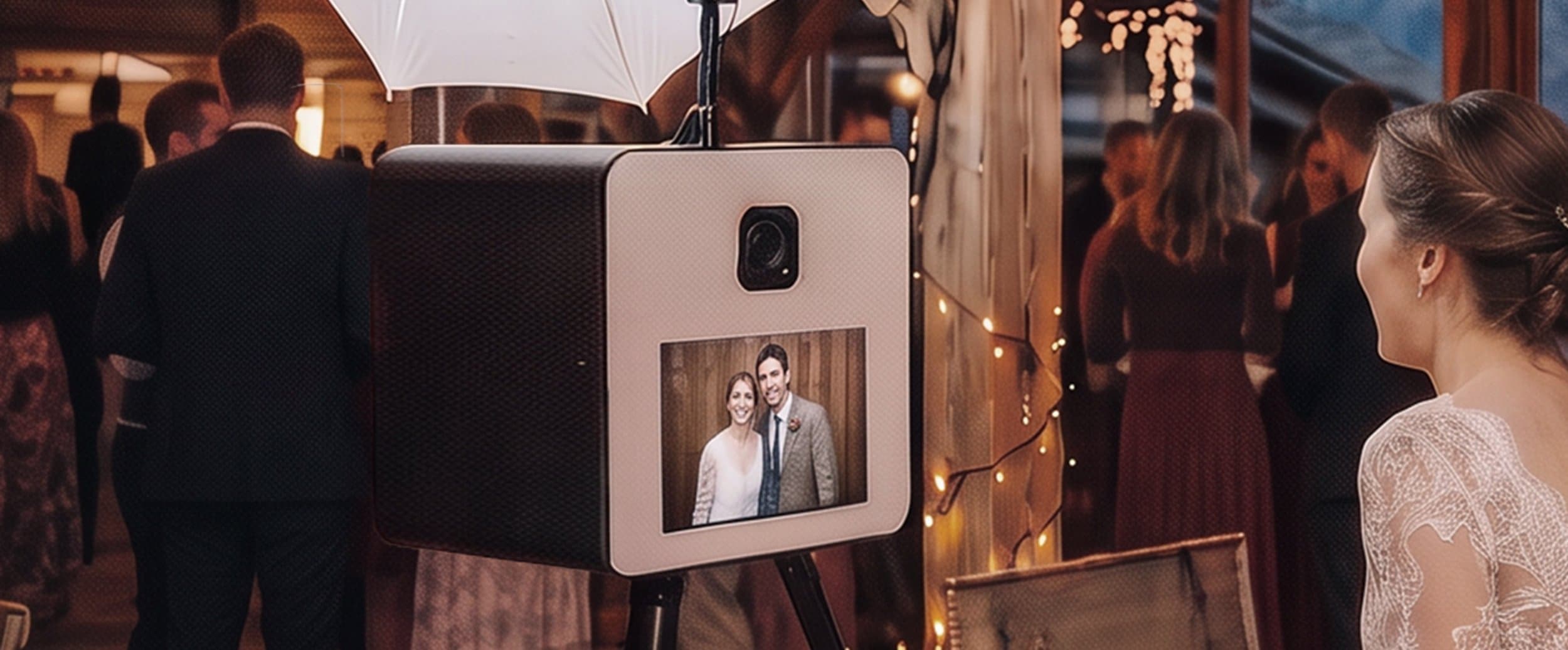Le Selfiematon en soirée de mariage, entouré d’invités, l’écran affiche le portrait des mariés