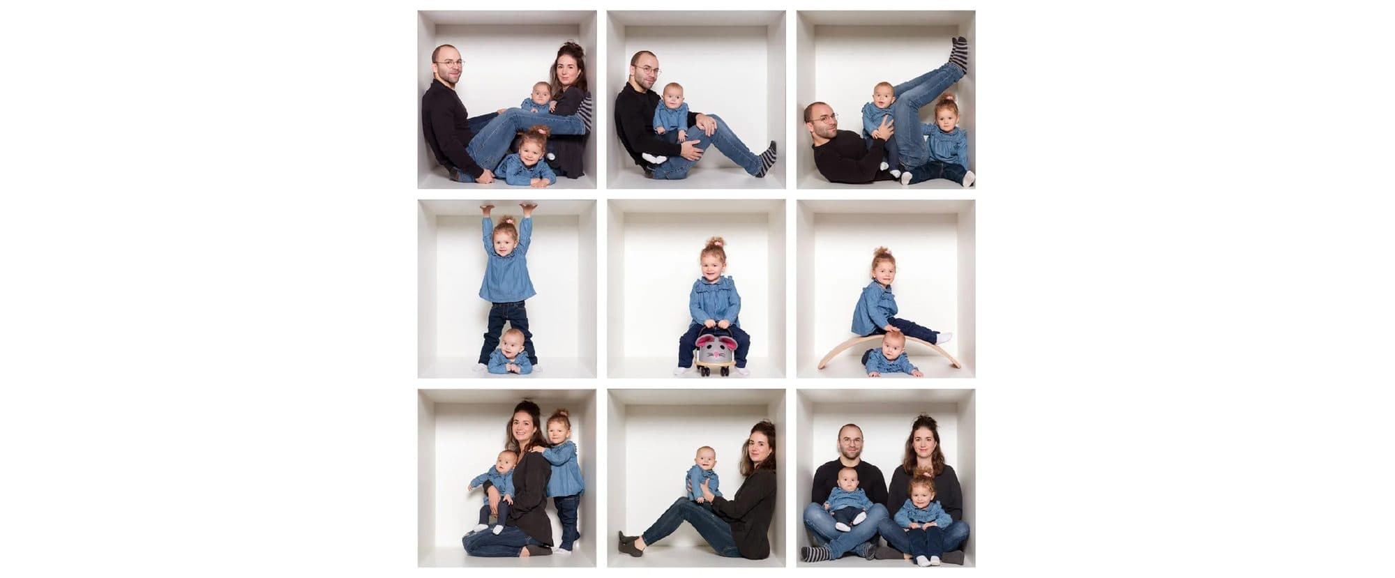 Le montage neuf cases d’une séance Cube : une famille en jean dans une pose différente à chaque case
