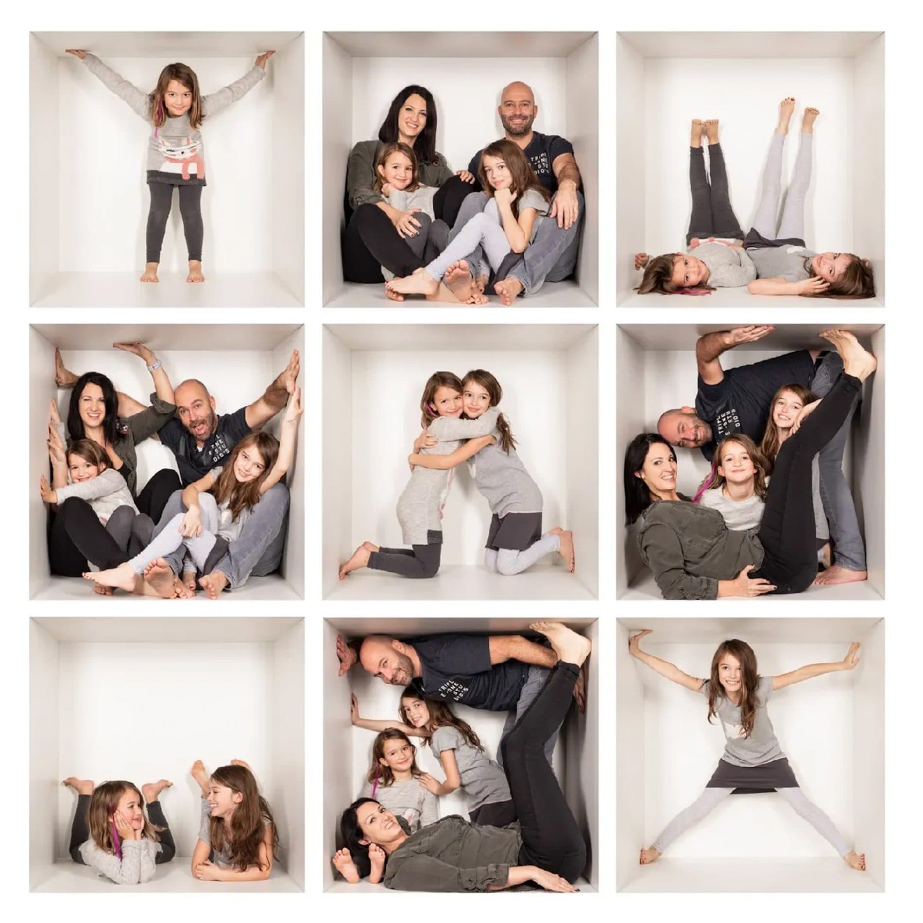 Le montage neuf cases d’une séance Cube, une famille dans une pose différente à chaque case