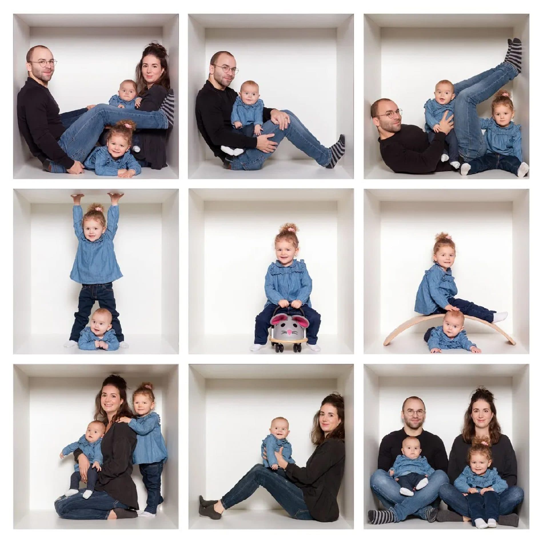 Le montage neuf cases d’une séance Cube, une famille en jean