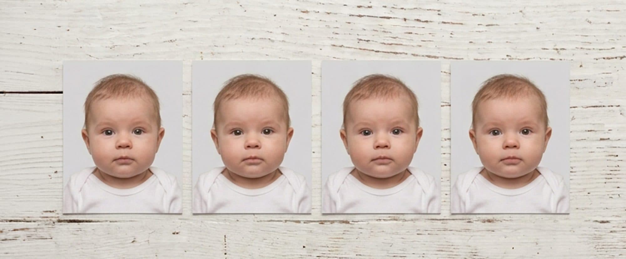 Quatre photos d’identité d’un bébé posées côte à côte sur une table en bois blanc