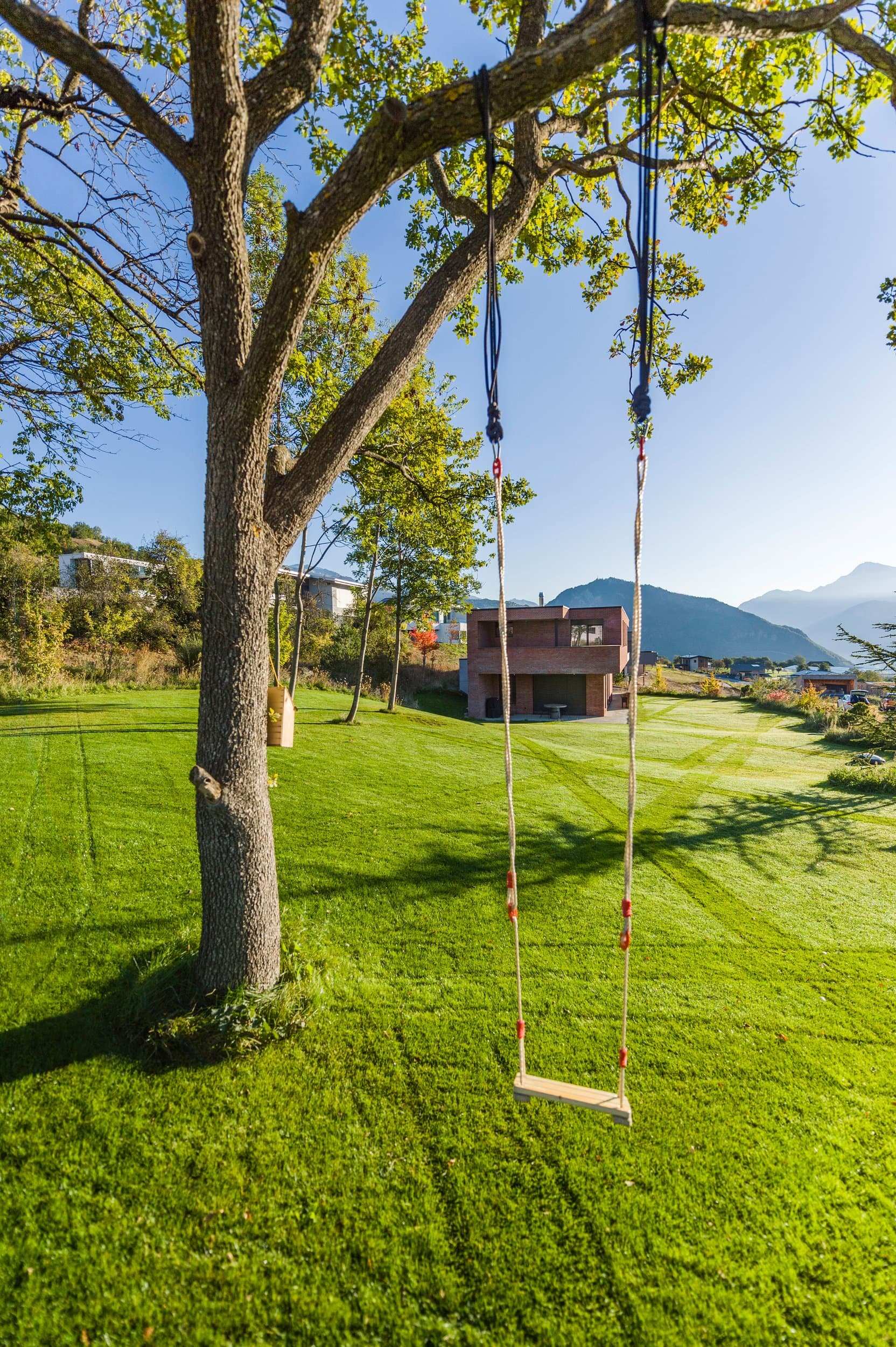 Balançoire en corde suspendue à un arbre sur une grande pelouse, une maison et les montagnes au loin