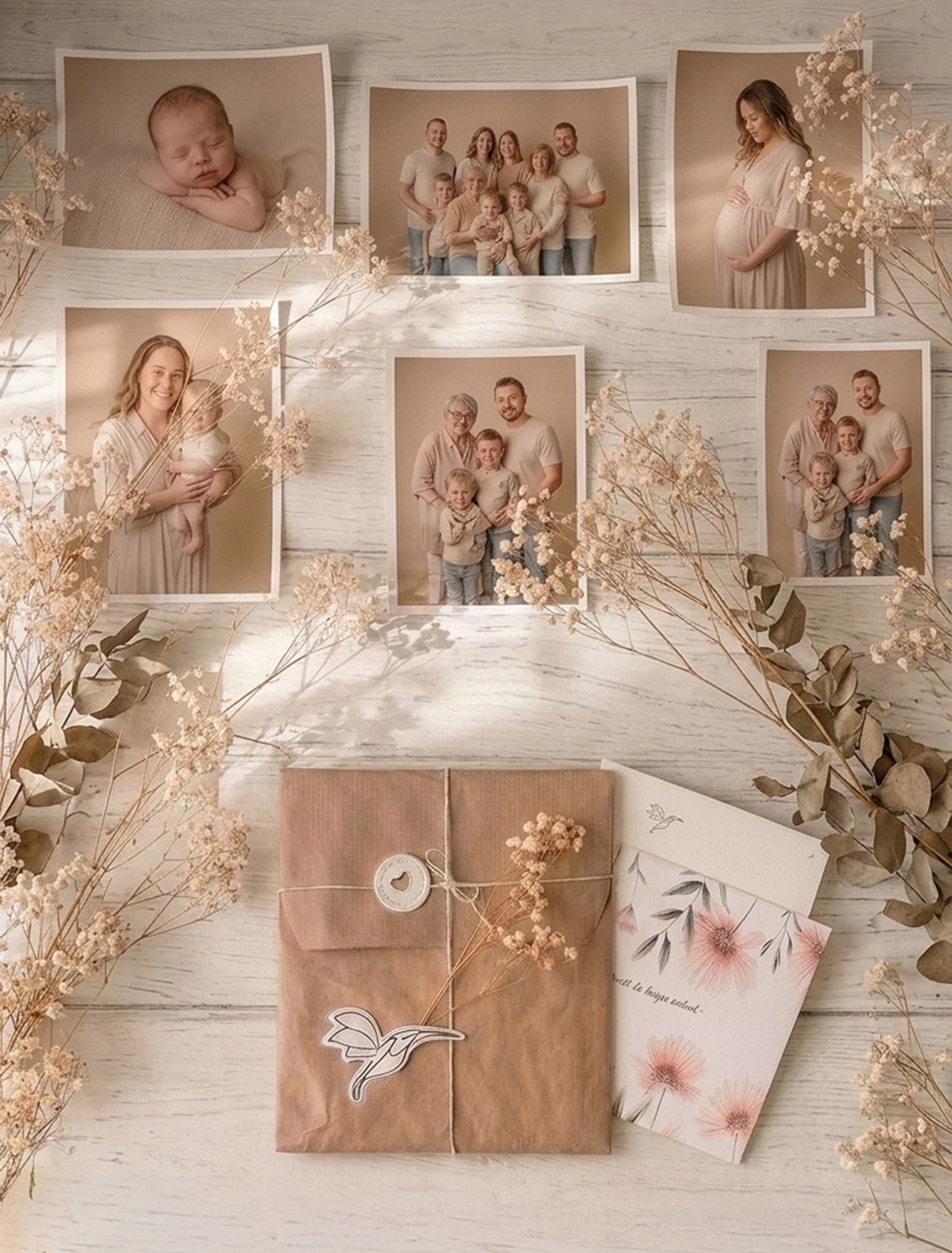 Tirages photo de famille et de nouveau-né posés sur une table, avec une enveloppe kraft et une carte, entourés de fleurs séchées