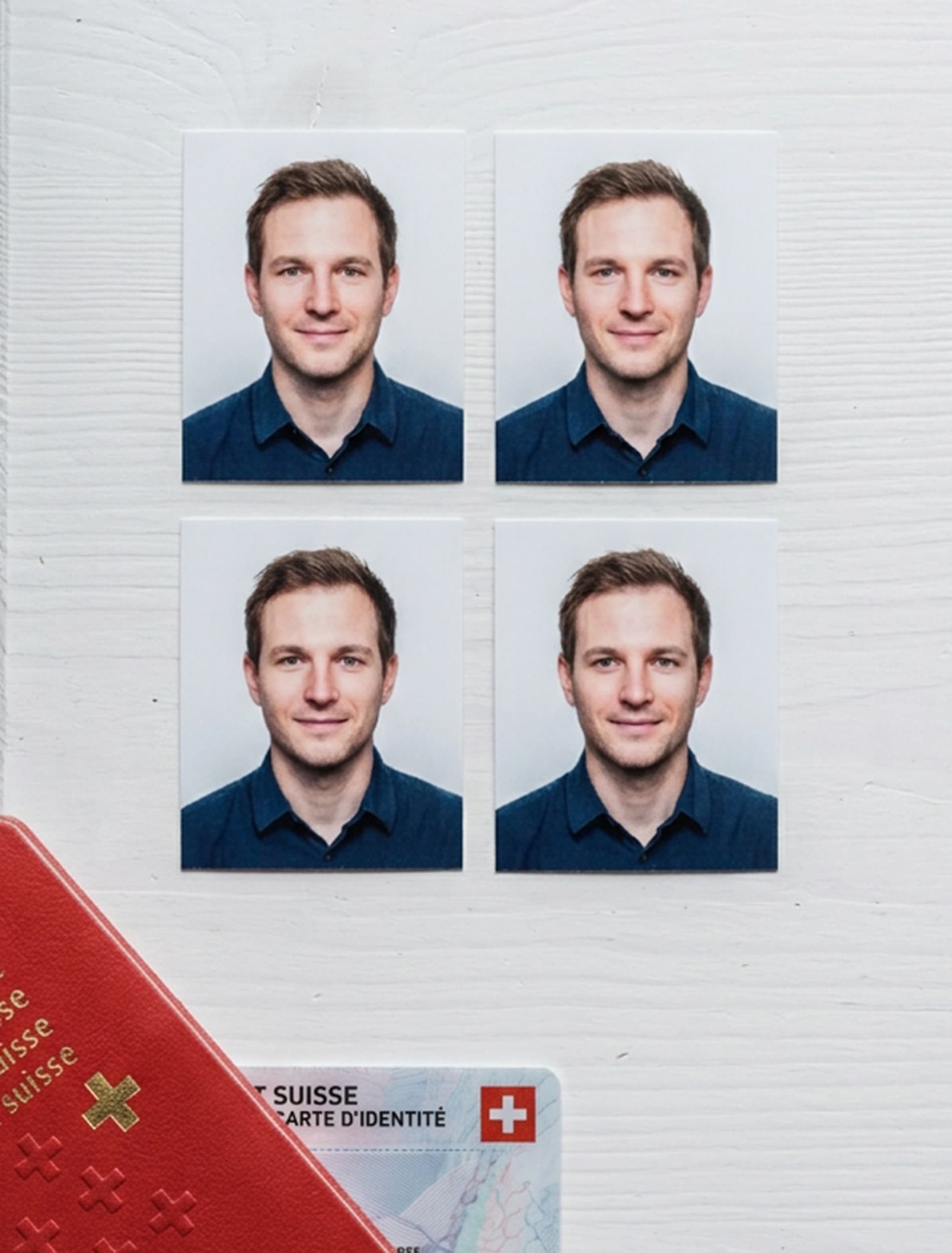 Quatre photos d’identité d’un homme, posées au-dessus d’un passeport suisse et d’une carte d’identité