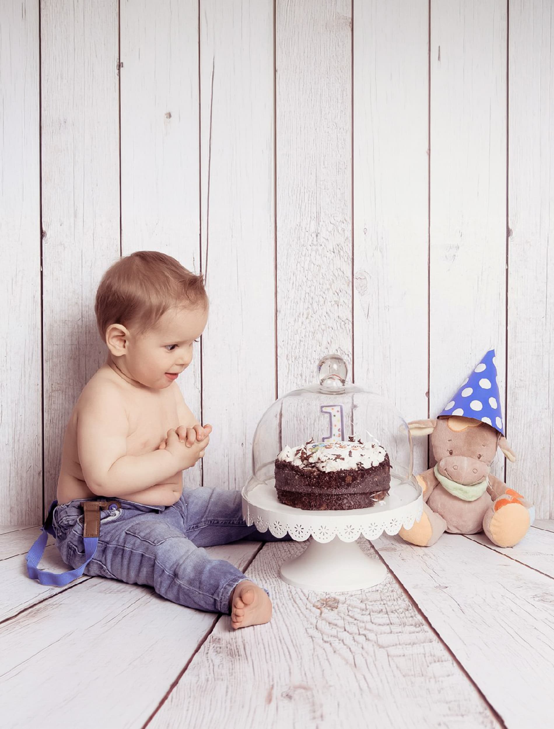 Petit garçon émerveillé devant son gâteau d’anniversaire sous cloche, à côté d’une peluche coiffée d’un chapeau pointu