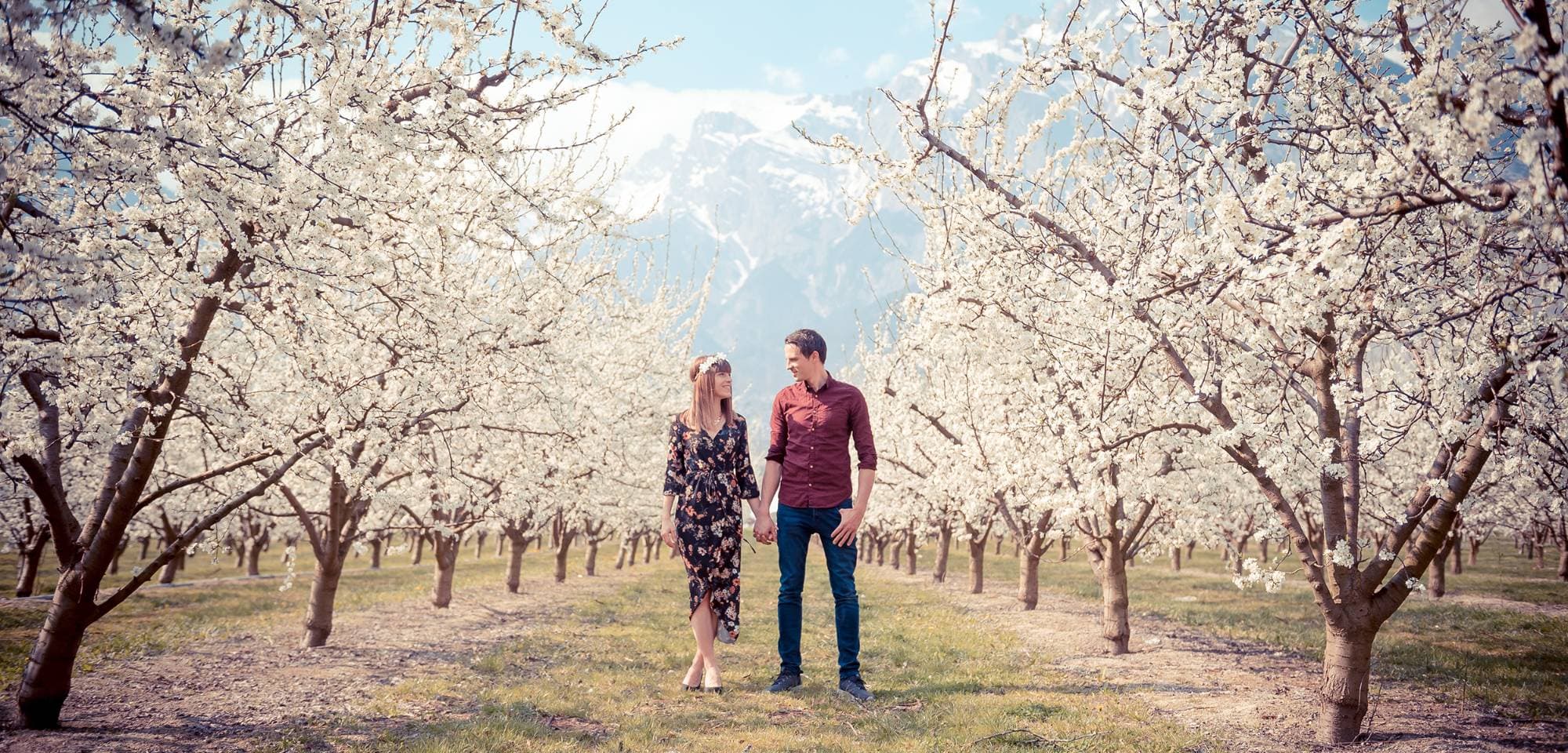 Un couple marche main dans la main dans un verger en fleurs, montagnes enneigées en arrière-plan