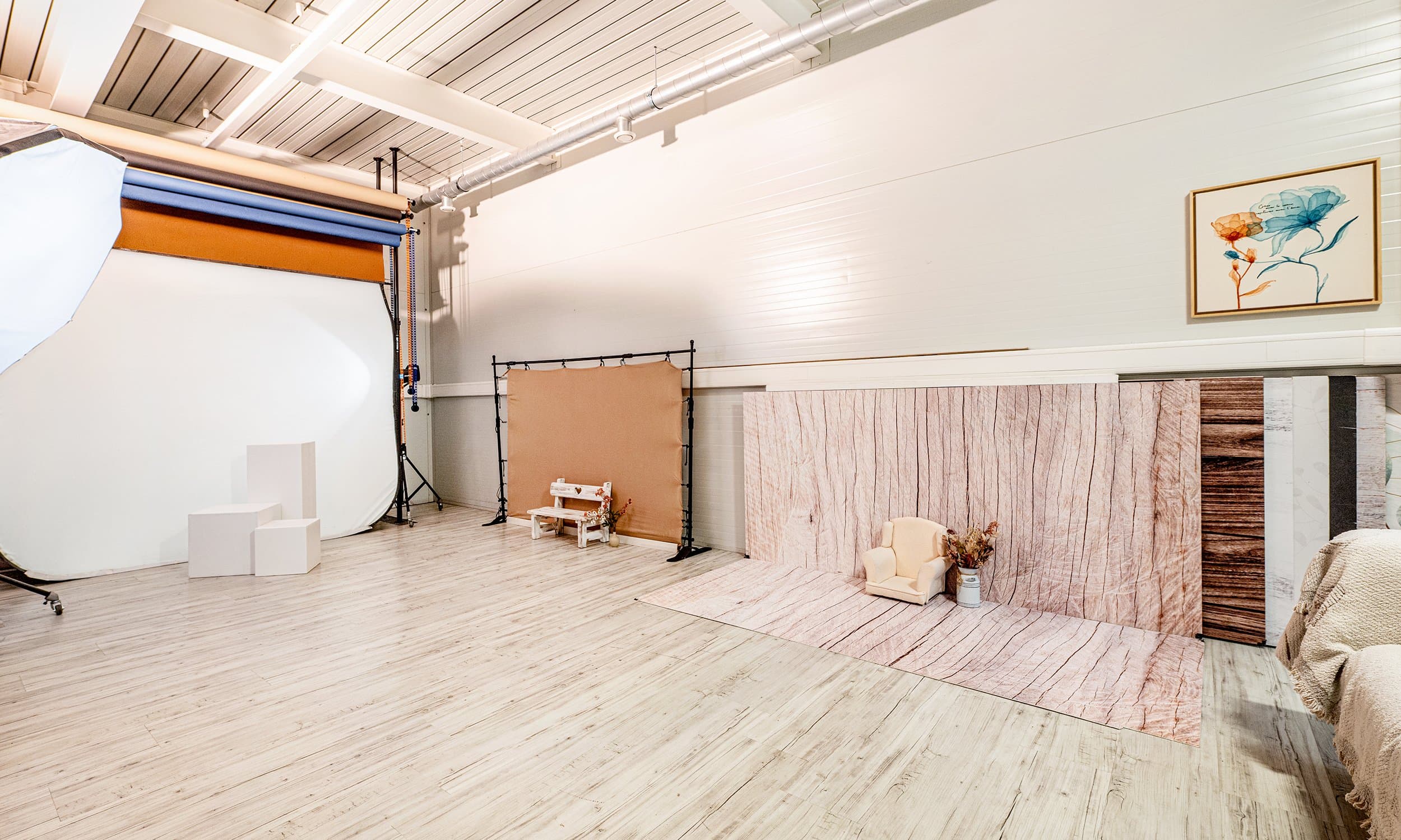 Le côté prise de vue du studio : un grand fond blanc arrondi, un fond kraft, un fond imitation bois, un petit banc et un petit fauteuil