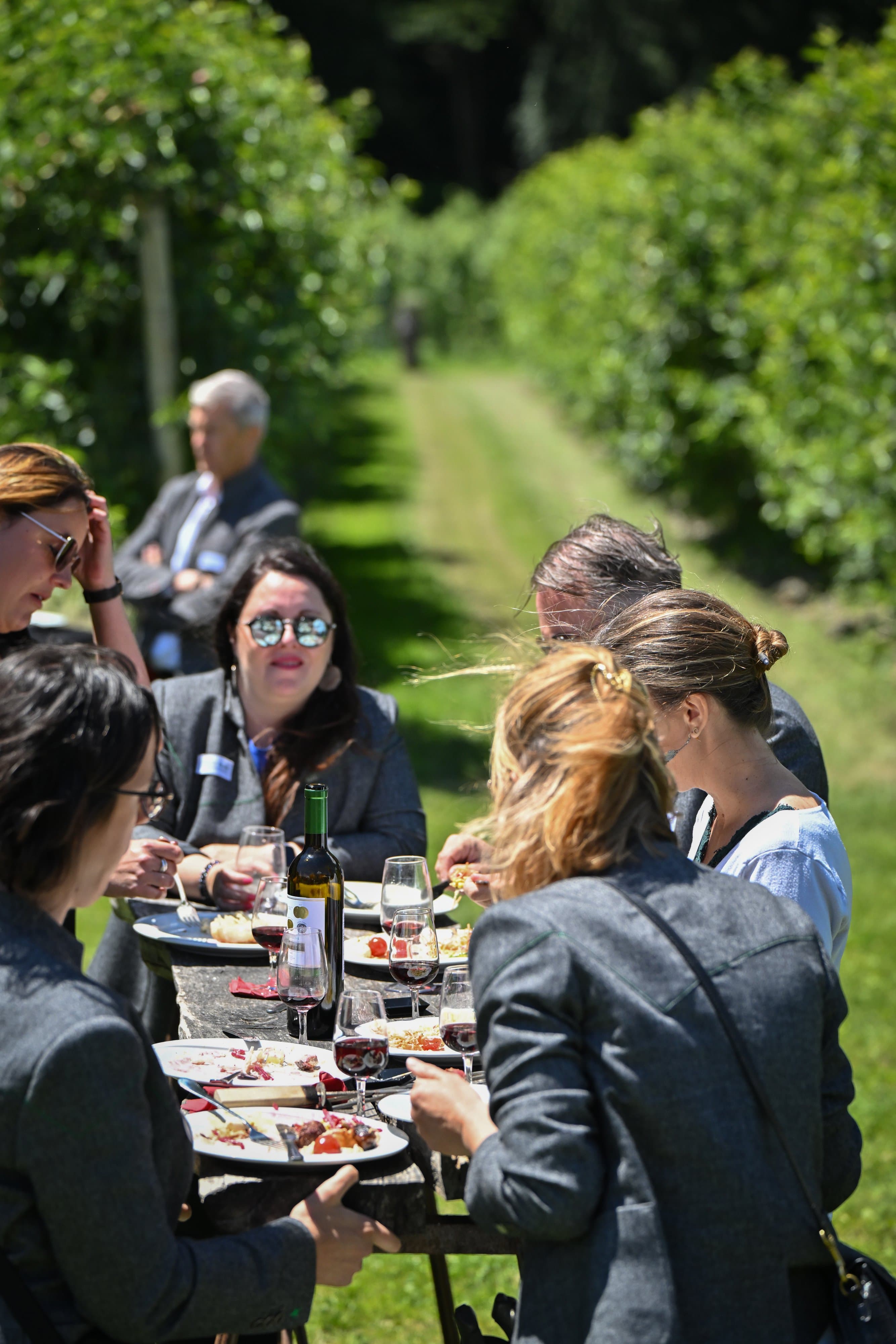 Membres en veste grise autour d’une table haute dans une allée de verger, verre et assiette à la main